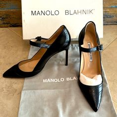 These Beautiful Black Leather High Heels From Manolo Blahnik Are Vintage And New In Box. Never Worn. Size 37 European, 7 Usa. They Feature Detailed Lace Design And Stiletto Heel. Long Discontinued And Rare Find. Elegant Fitted Heels With Leather Lining, Designer Ankle Strap Heels For Business, Designer Fitted Heels With Leather Lining, Manolo Blahnik Shoes Kitten Heel, Black Manolo Blahnik Heels, Vintage Manolo Blahnik Mules, Vintage Manolo Blahnik, Vintage Manolo Blahnik Heels, Manolo Blahnik Lurum