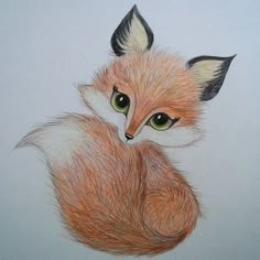 a drawing of a fox with green eyes and long tail, sitting on white paper