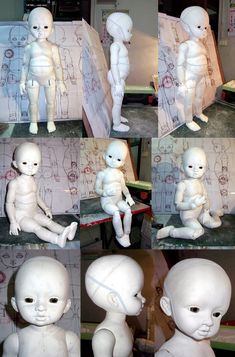 many different images of a baby doll sitting on the ground