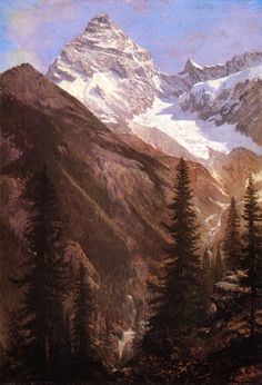 a painting of mountains with trees in the foreground