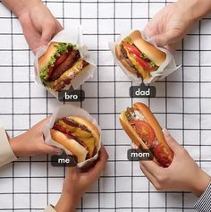 four people holding hot dogs with toppings on them and labeled in the words,