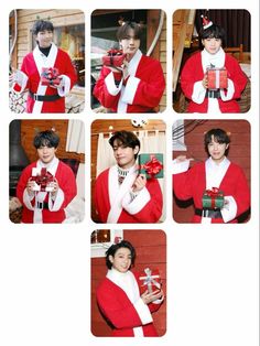 a collage of photos with people dressed as santa clause and holding presents in their hands