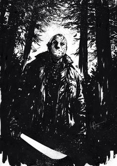 a black and white drawing of a man holding a knife in the woods with trees behind him