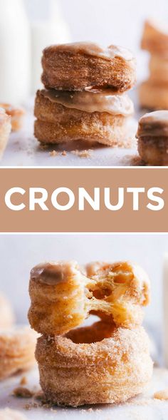 three different types of doughnuts stacked on top of each other with the words cronuts above them