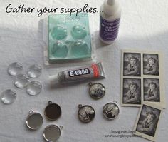 an assortment of buttons, magnets, and other items on a table with the words gather your supplies