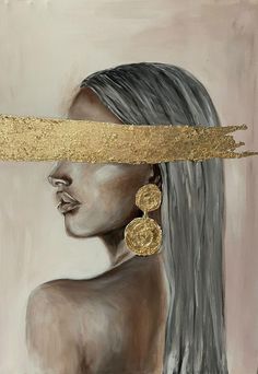 a painting of a woman's face with gold earrings on her head and hair pulled back