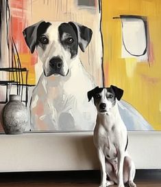 two black and white dogs sitting in front of a painting