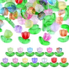 there are many different shapes and sizes of candy candies on the white background, including tulips