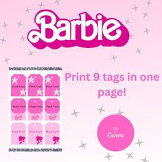 a pink package with silver stars on it and the words barbie print 9 tags in one page