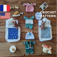 crochet patterns for baby clothes and accessories are displayed on a wooden table with an american flag in the background