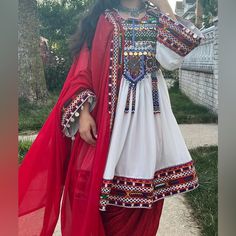 White , Afghan Clothes, Almost Brand New Afghan Dresses Traditional, Afghani Traditional Clothes, Turkish Outfit, Afgan Traditional Clothing, Afghanistan Clothes, Pashtun Dress, Arab Clothing, Afghanistan Dress, Red Afghani Dress