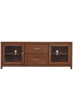 a wooden entertainment center with glass doors on the front and bottom drawers, in dark wood