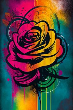 a colorful rose on a black background with paint splatters and swirls around it