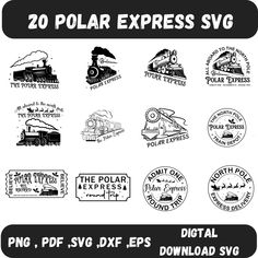 the polar express svg is shown in black and white, with various stamps on it