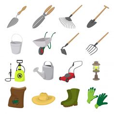 garden tools and gardening implements are arranged in this flat style, including gloves, shovels,