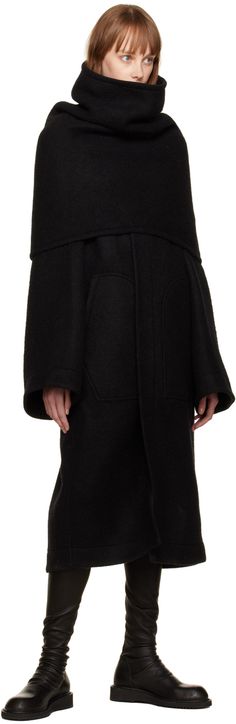 Brushed wool and alpaca-blend coat. · Detachable overlay at Y-neck · Open front · Detachable self-tie belt · Patch pockets · Central vent at back hem · Unlined Supplier color: Black Oversized Coat, Yohji Yamamoto, Jil Sander, Rick Owens, Scarf Styles, Wool Coat, Luxury Streetwear, Winter Scarf, Women Wear