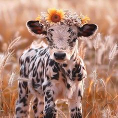 a baby cow with a flower on its head standing in the middle of tall grass