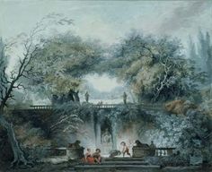 an image of a painting with people on the bridge and trees in the back ground