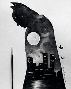 a black and white drawing of a city skyline with a bat flying over the moon