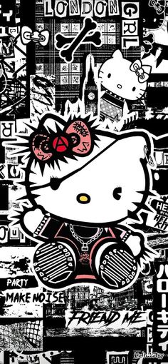 an image of a hello kitty in black and white with lots of stickers on it