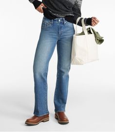 Our classic straight-leg jeans offer beloved throw-back style in today's very best stretch denim. Fitted in all the right places, with broken-in comfort that only gets better with time. Straight-leg. Slightly fitted through hip and thigh. Inseams: 30" Regular, 28" Petite, 32" Medium Tall. High-Rise (Classic Fit): Sits at waist. In a premium blend of 58% recycled cotton denim, 37% cotton, 3% recycled polyester and 2% elastane. Machine wash and dry. Classic five-pocket styling. Imported. Fit: High Good Stretches, Petite Size, L L Bean, Favorite Jeans, Recycled Cotton, Skirt Pants, Stretch Denim, Built To Last, Amazing Women