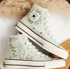 #converse #aesthetic Sage Green Converse Embroidery, Sage Green Converse Aesthetic, Cute Embroidered Converse, Embroidery Patterns Converse, Cross Stitch Converse, Embroiderd Converse, Embroidery Converse Diy, Fancy Converse, Wildflower Shoes