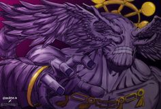 an image of a purple demon with wings on it's back and gold accents