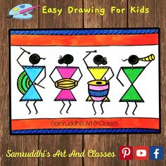 an easy drawing for kids featuring three colorful children's art classes on a wooden background