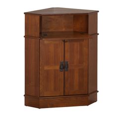 a wooden cabinet with two doors on one side and an open shelf on the other