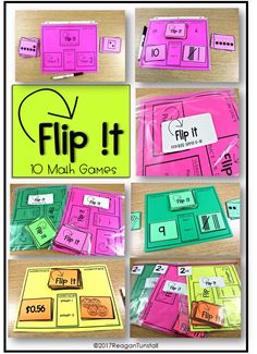 the flip it math game is shown in pink and green with pictures of different items