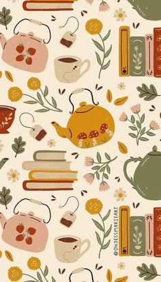 teapots, books and flowers on a white background with the words autumn written below them