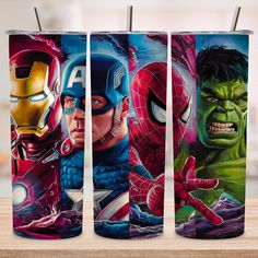 three avengers mugs with the faces of captain america, hulk and iron man on them