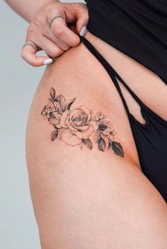 Small Thigh Tattoos, Flower Hip Tattoos, Tummy Tattoo, Delicate Tattoos For Women, Floral Thigh Tattoos, Hip Thigh Tattoos, Hip Tattoos, Hip Tattoos Women, Stylist Tattoos