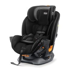 the child's car seat is black and orange