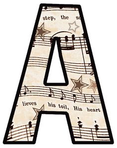 a wooden letter with musical notes and stars on it's uppercase, in the shape of an a