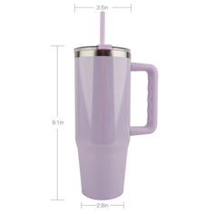 a purple cup with a handle is shown in front of a white background and measurements