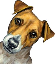 a painting of a dog with a hat on it's head looking at the camera