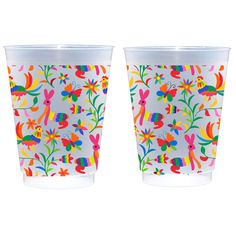 two plastic cups with colorful designs on them