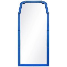 a blue mirror with an arch shaped frame on the top and bottom, against a white background