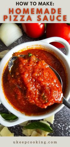 homemade pizza sauce in a white bowl with a spoon