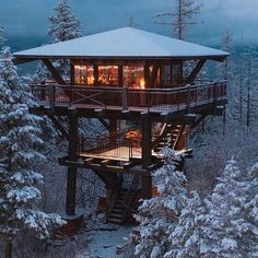 a tree house in the middle of snowy trees