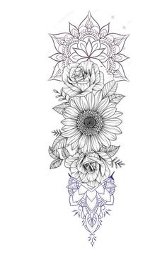 a line drawing of flowers and leaves on a white background