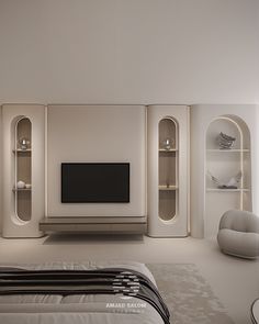 a modern bedroom with white walls and furniture