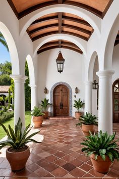 an arched entry way with potted plants on either side