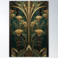 an art deco design with gold and green tones poster