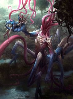 an image of a strange creature in the woods with tentacles coming out of its body