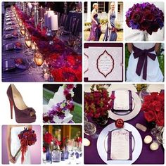 a collage of pictures with purple, red and white flowers on it's centerpieces