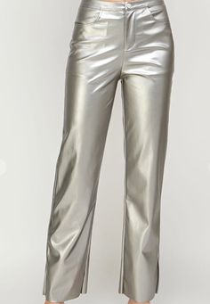 Chic Spring Bottoms With Sheen, Chic Sheen Bottoms For Spring, Chic Spring Sheen Bottoms, Sleek Metallic Bottoms, Sleek Shiny Bottoms For Party, Party Pants In Metallic Color With Sheen, Metallic Party Pants With Sheen, Metallic Sheen Pants For Party, Chic Pants With Sheen For Night Out