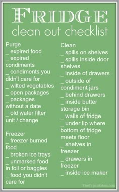 the fridge clean out checklist is shown in green with white lettering on it