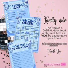 a pink and blue party game with the words dancing queen written in black on it